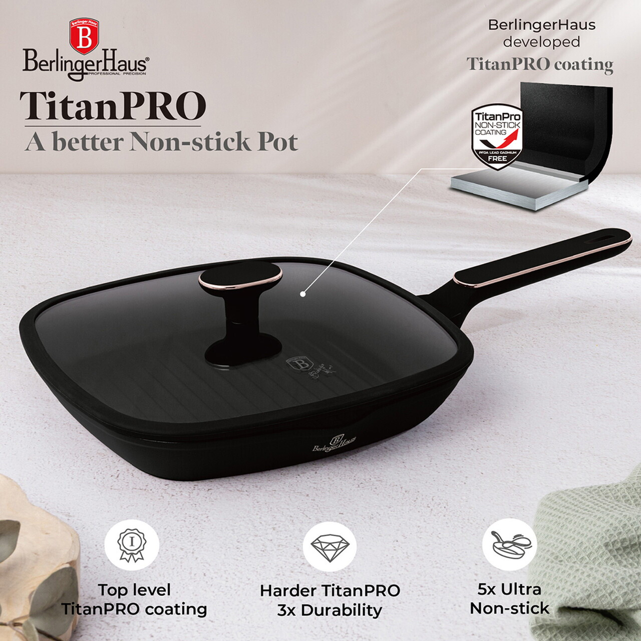 Tigaie grill cu capac Berlinger Haus, Black Rose, 28 cm, 2.1 L, aluminiu forjat, negru mat - imagine 7