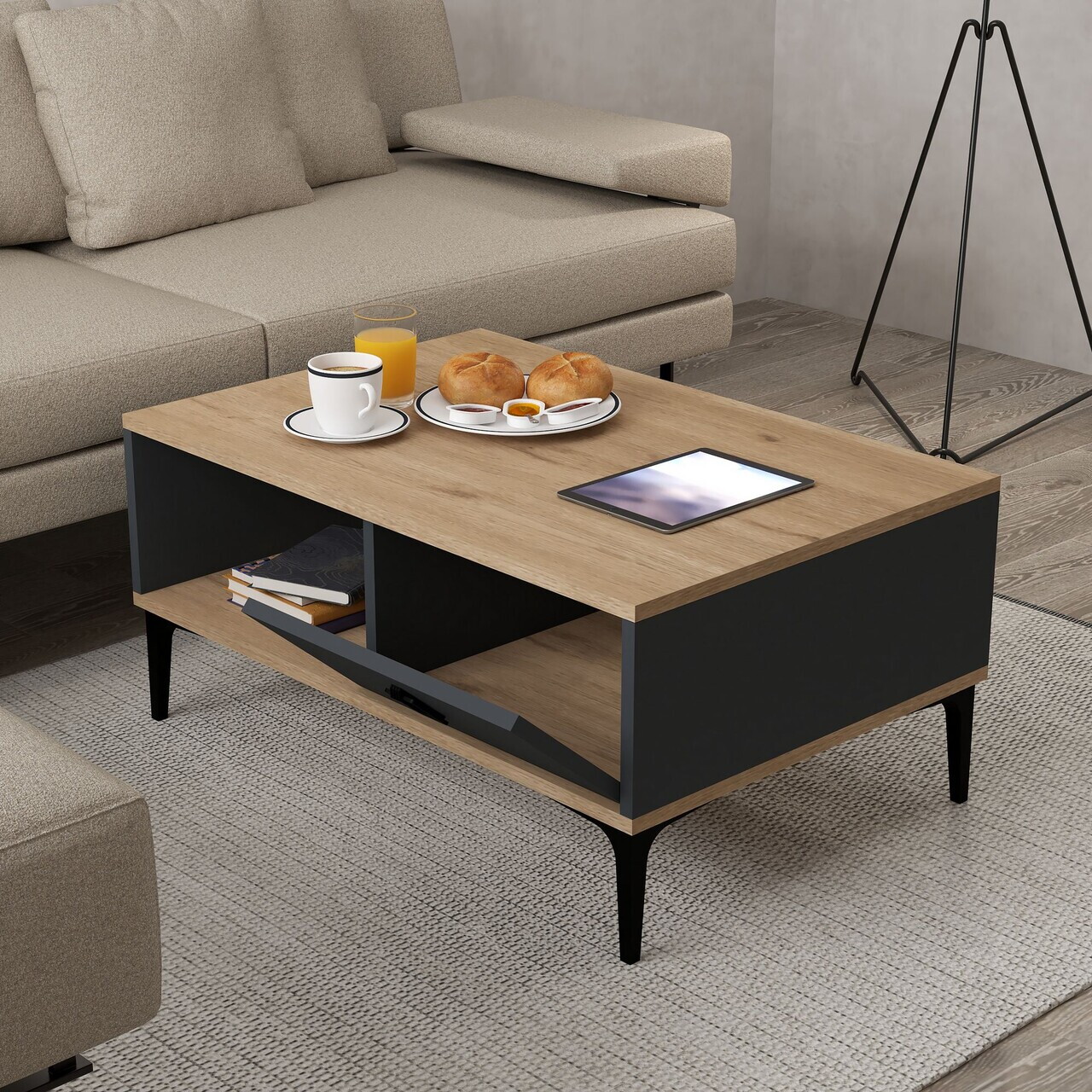 Masuta de cafea, Hanah Home, Sare 2003, 90x41.5x60 cm, PAL, Stejar safir / Antracit — imaginea 2