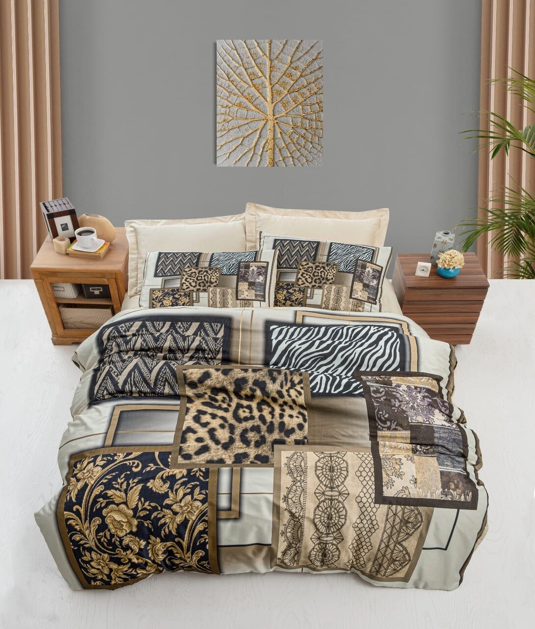 Lenjerie de pat dubla King (IT) 3 piese L'essentiel Maison 474 Maro / Crem / Bej / Negru