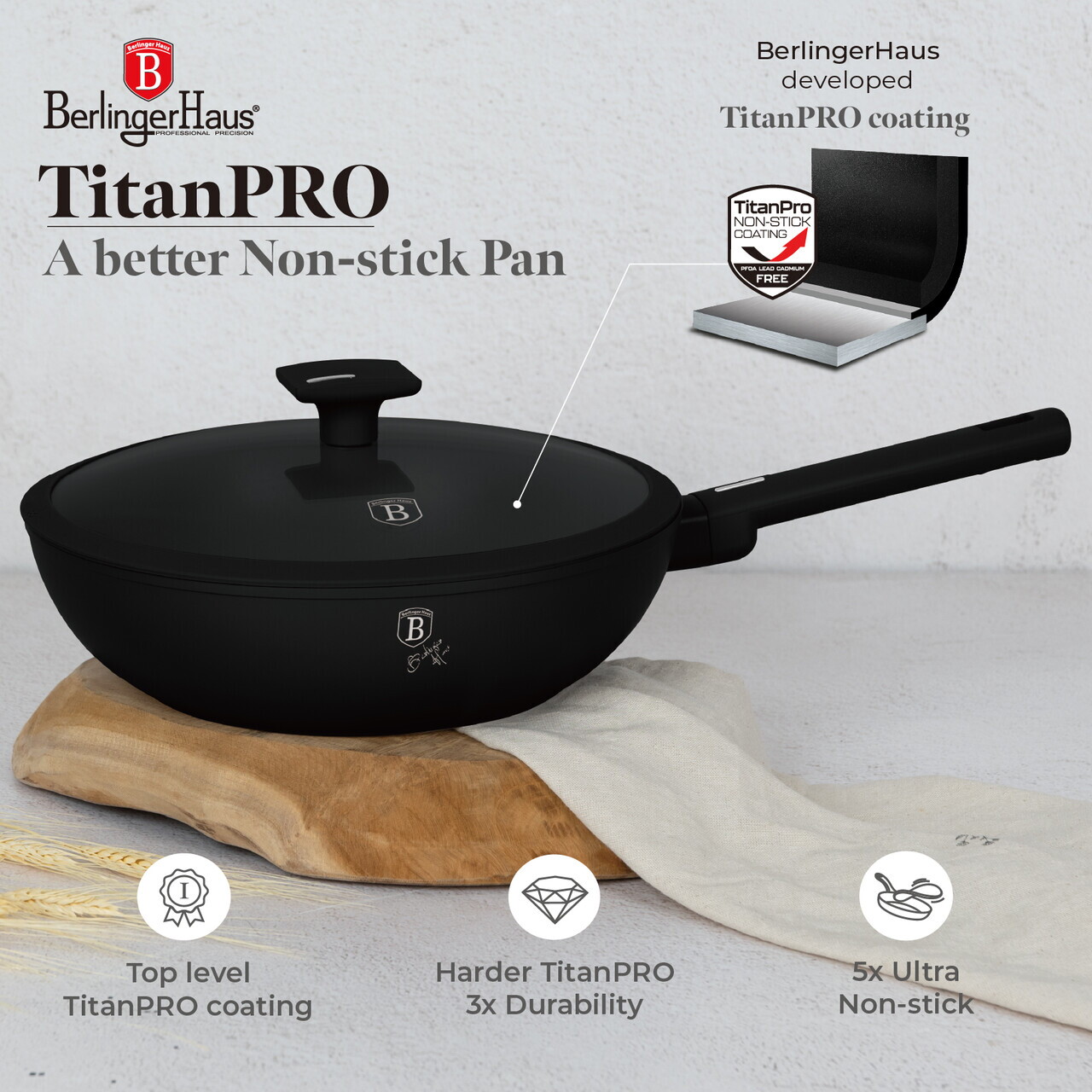 Tigaie Wok cu capac Berlinger Haus, Matte Black, 28 cm, 3.2 L, aluminiu forjat, negru - imagine 6
