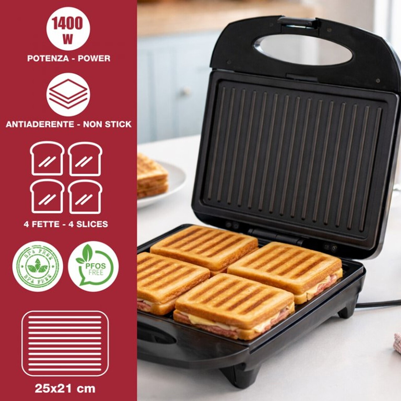 Sandwich maker Beper, 1400W, 26x32.5x10.8 cm, bachelita/otel, negru — imaginea 8