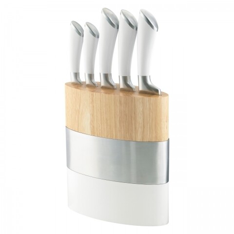 Set 5 cutite cu suport, Amefa, Forme, inox/lemn, argintiu/alb/natur
