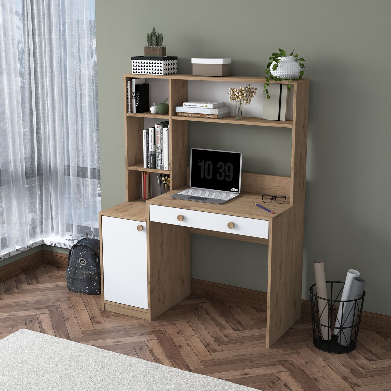 Set birou si biblioteca Hanah Home HA126 115x146x50 cm PAL MELAMINAT CALITATE E1 Nuc/Alb