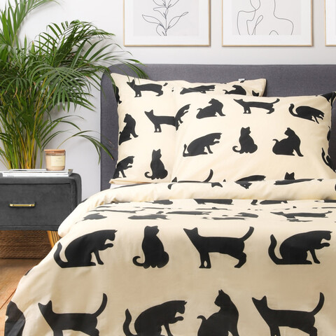 Lenjerie de pat King Size, Poes, Homla, 3 piese, 200x220 cm, bumbac, bej/negru