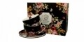 Set 2 cesti cu farfurie Vintage Flowers, Duo, 280 ml, portelan, negru