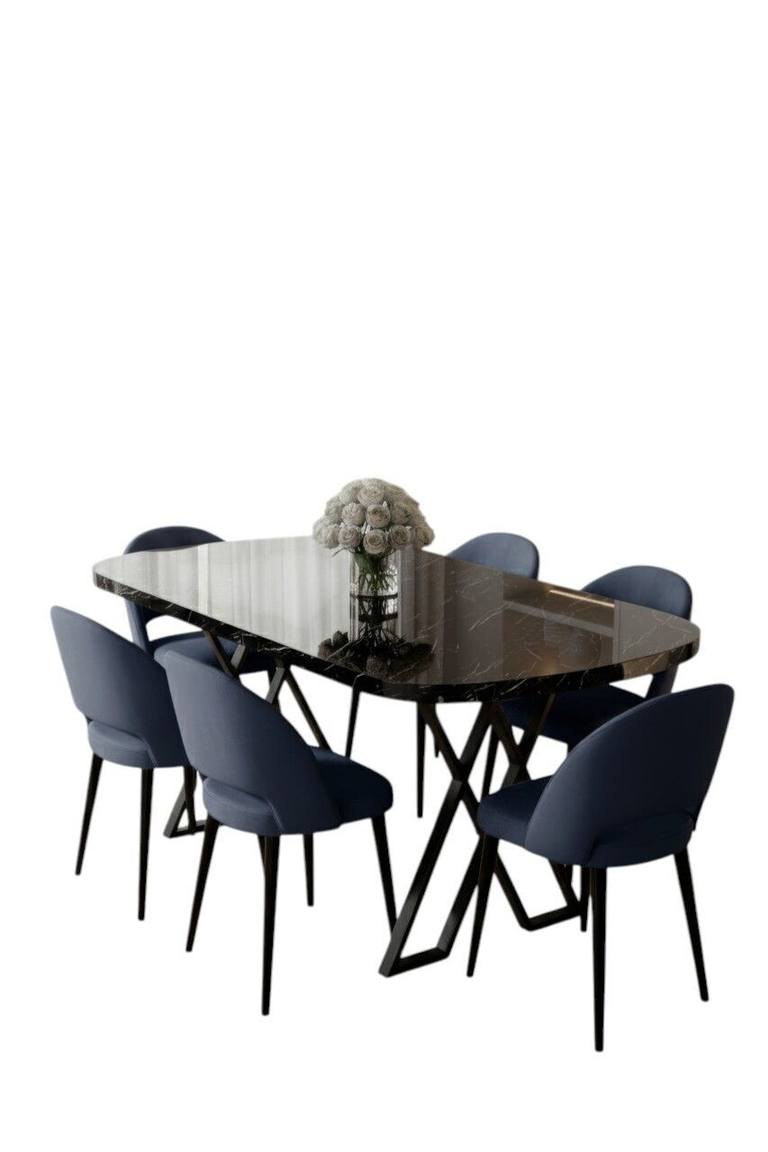 Set masa si scaune (7 piese), Hanah Home, Arvon, Model de marmură neagră / Antracit — imaginea 2
