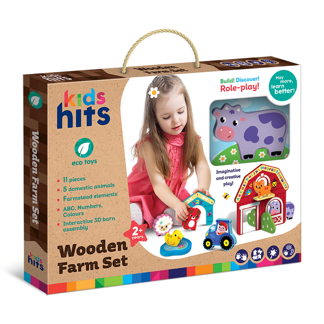 Set animale 13 piese, Ferma, Kids Hits, lemn, multicolor