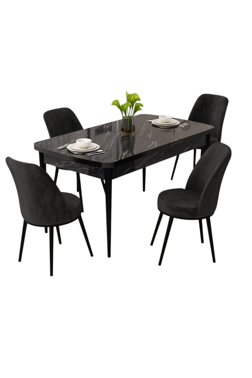 Set masa extensibila si scaune (5 piese), Hanah Home, Rax, Model de marmură neagră / Negru — imaginea 2