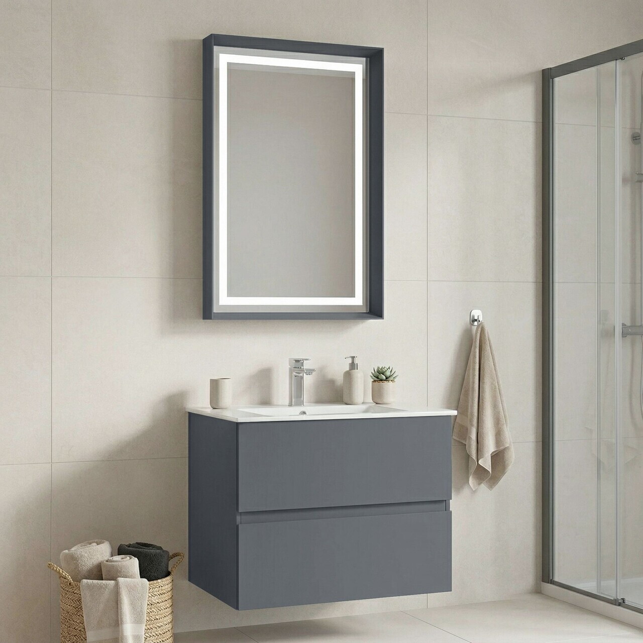 Set Dulap de Baie cu Chiuvetă și Oglindă (2 Piese), Hanah Home, Nest 71 v2, Gri Mat
