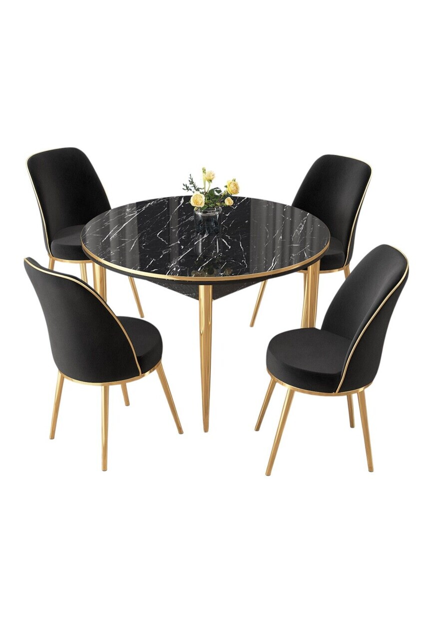 Set masa si scaune (5 piese), Hanah Home, Osle, Model de marmură neagră / Auriu / Negru — imaginea 2