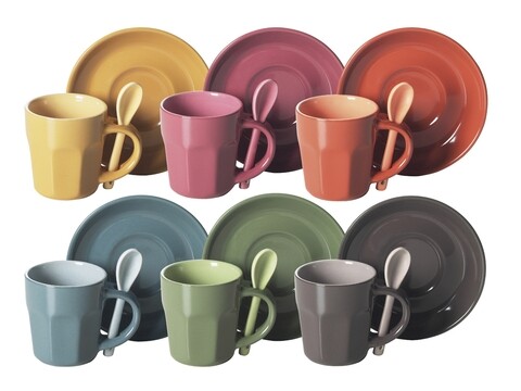 Set 6 cesti de cafea cu farfurii si lingurite, Abbraccio, Excelsa, 90 ml, ceramica, multicolor