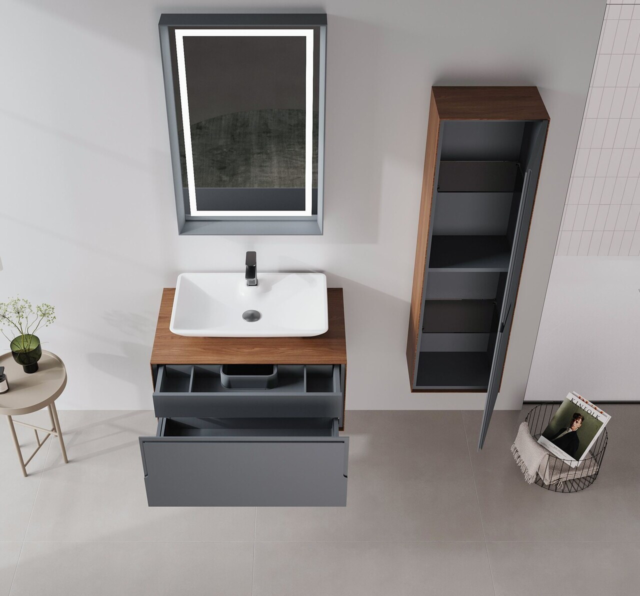 Set Dulap de Baie cu Chiuvetă și Oglindă (2 Piese), Hanah Home, Craft 80, Nuc / Antracit / Alb — imaginea 3