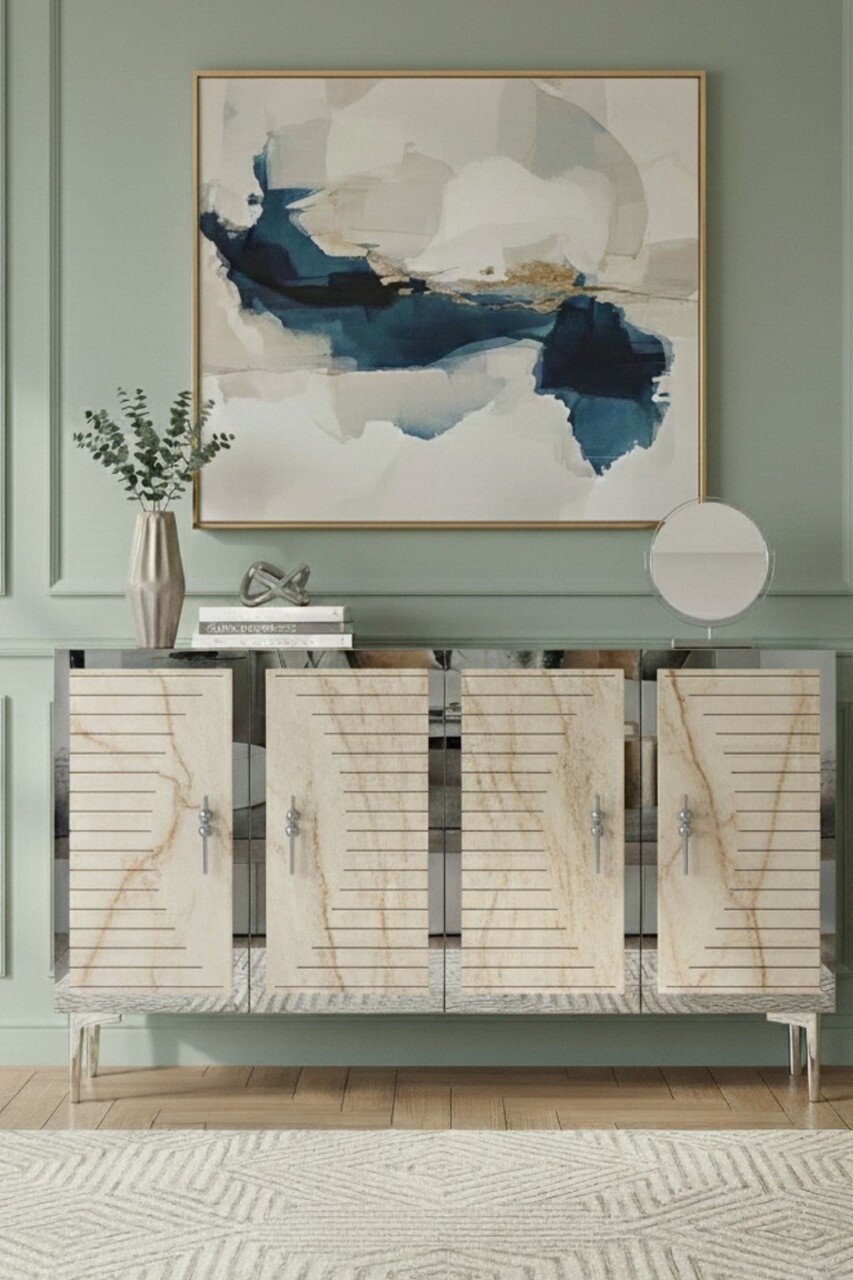 Consola, Hanah Home, Tuna 120, 120x75x32 cm, White / Travertine / Silver - view 2