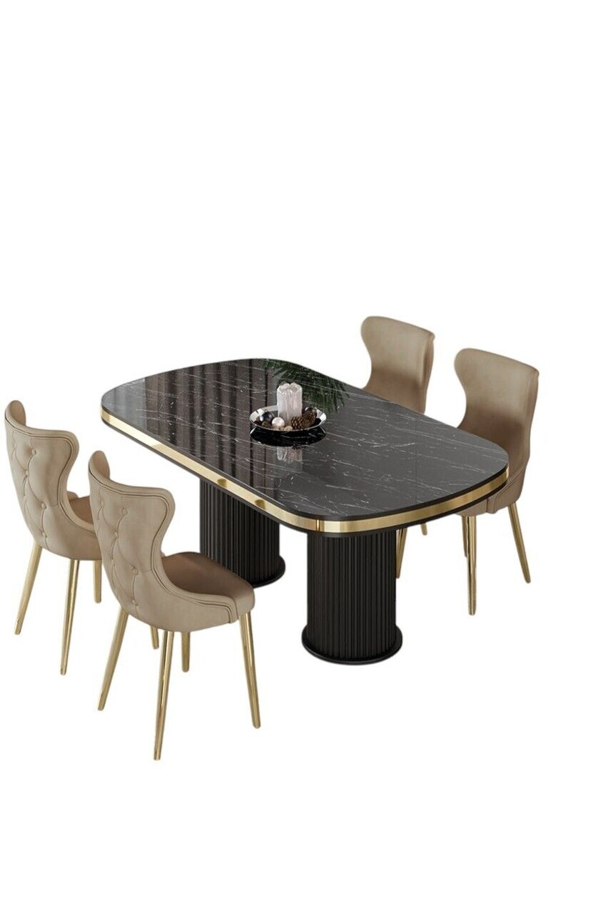 Set masa si scaune (5 piese), Hanah Home, Galya, Model de marmură neagră / Auriu / Cappuccino — imaginea 2