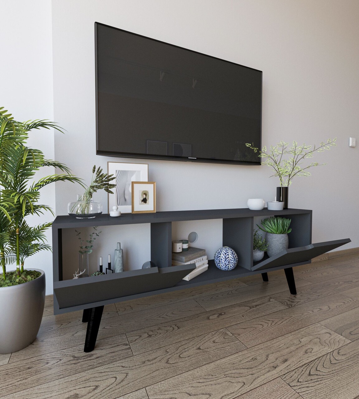 Comoda TV, Hanah Home, Siena, 139.7x53x53 cm, PAL, Antracit - imagine 3