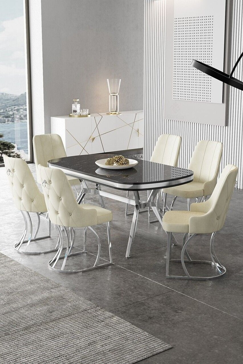 Set masa si scaune (7 piese), Hanah Home, Epal, Sonata / Crom / Cremă