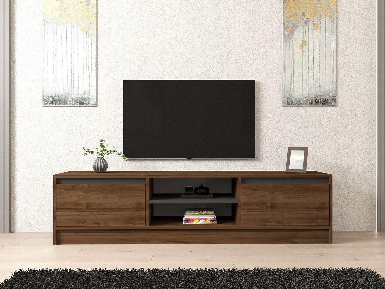 Comoda TV, Puqa Design, Olça, 180x45x40 cm, PAL, Nuc / Antracit - 2 | YEO