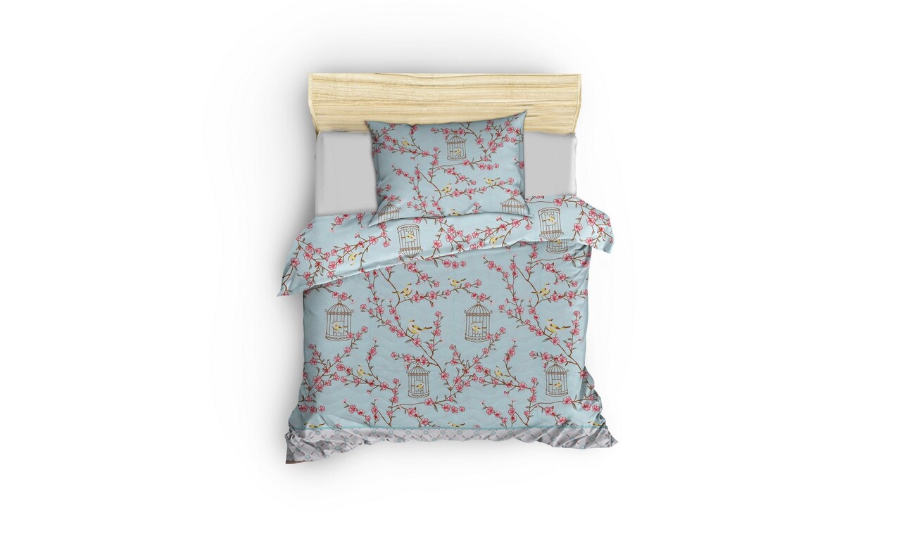 Set cuvertura matlasata Single 160x220 cm, 2 piese, Birdcage - Turquoise, Eponj Home, 70% bumbac / 30% poliester