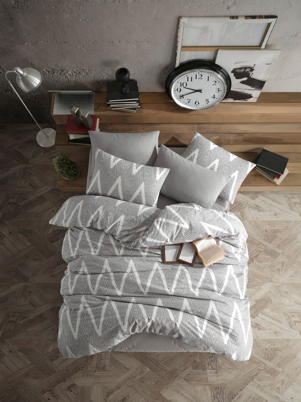 Lenjerie de pat dubla Super King (EU) (IT), 3 piese, L'essentiel Maison, Olivia, Gri/Alb