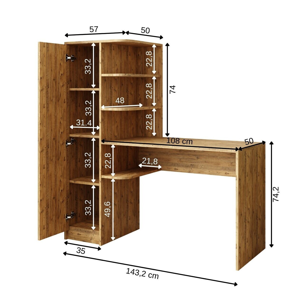 Set birou si biblioteca, Hanah Home, 2078, 143.2x143.2x50 cm, PAL MELAMINAT, Maro — imaginea 7