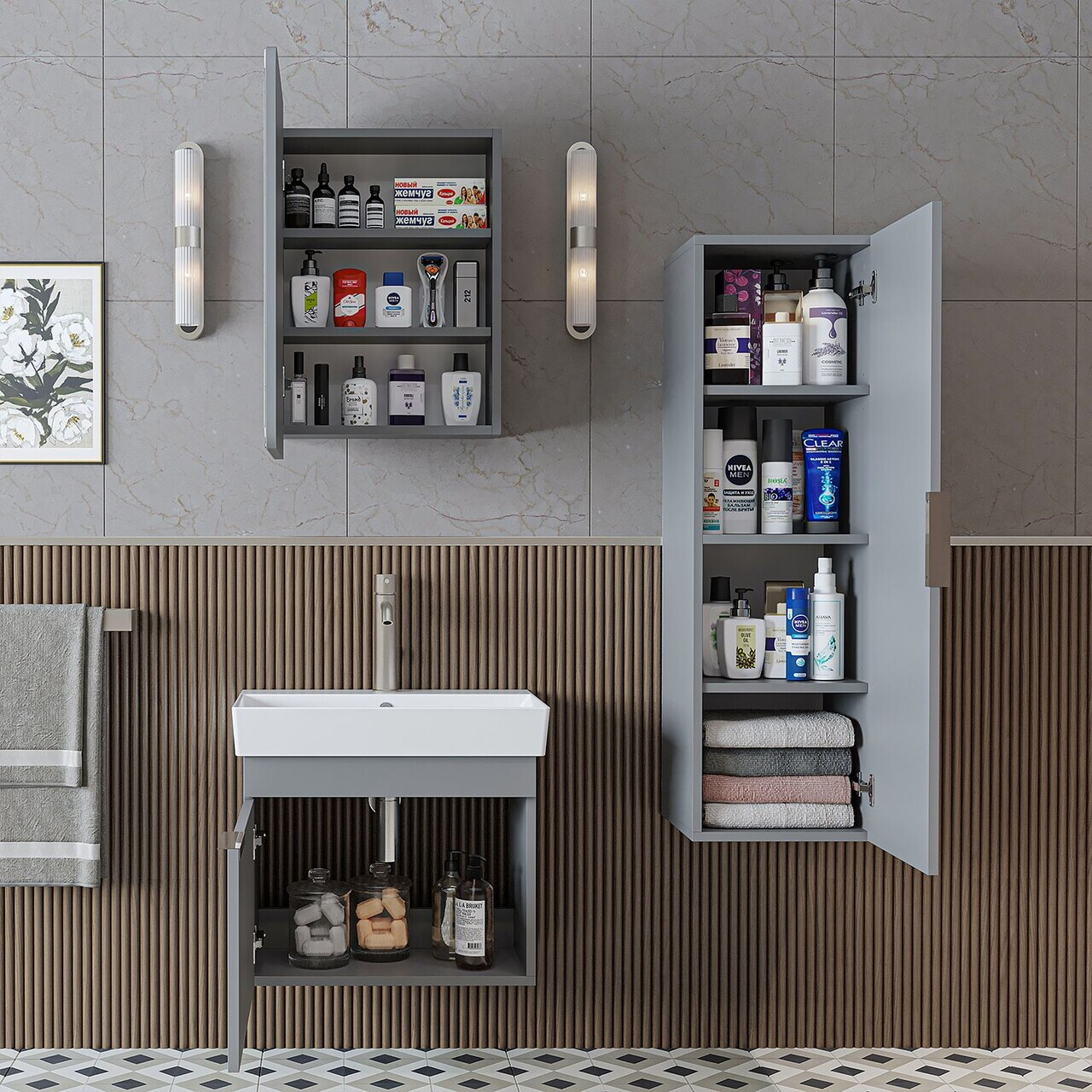Set Dulap de Baie cu Chiuvetă și Oglindă (3 Piese), Hanah Home, 2932, PAL MELAMINAT, Frasin — imaginea 3