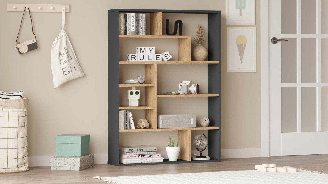 Corp biblioteca, Hanah Home, Kee1-Sa, 90x123.6x22 cm, PAL, Natural / Antracit — imaginea 3