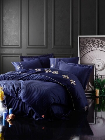 Poza Lenjerie de pat de lux dubla King - Dark Blue, Cotton Box, 6 piese, 240x260 cm, bumbac satinat, bleumarin