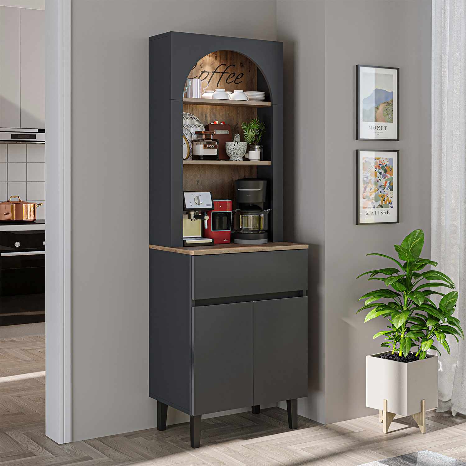Dulap de bar pentru cafea, Hanah Home, Ledli, 60x179x41.8 cm, PAL, Antracit