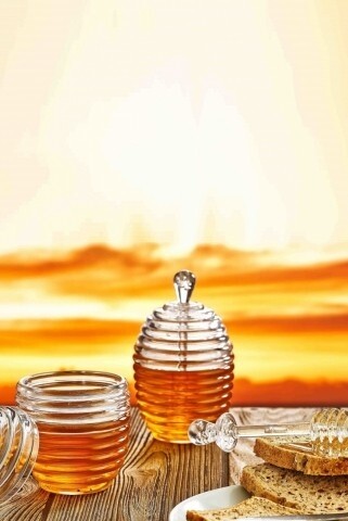 Set 2 recipiente cu capac si lingurite pentru miere, Kosova, 9x14 cm, transparent