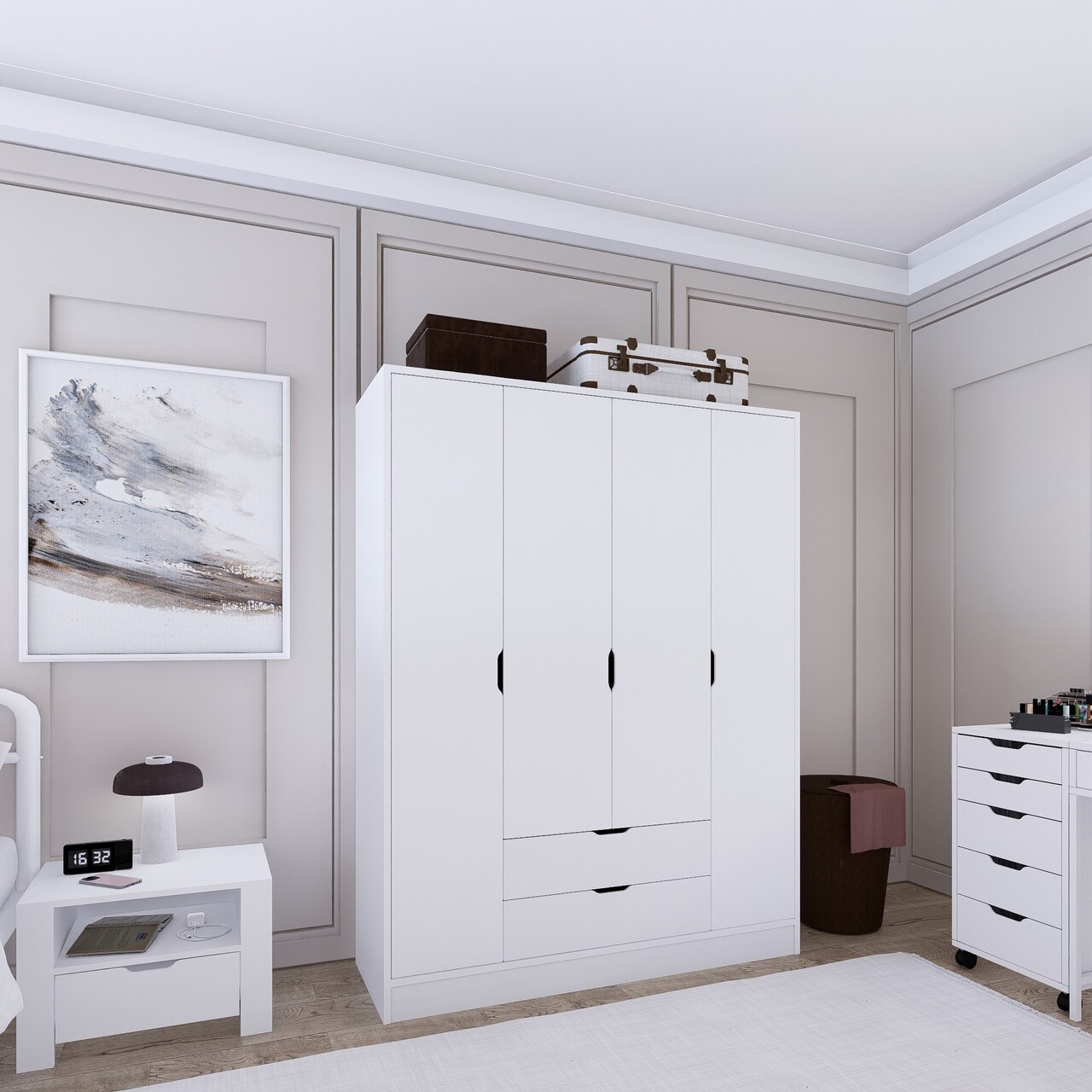 Dulap pentru haine, Miwood, Duru 4 Door 1600-017, Alb mat - 1 | YEO