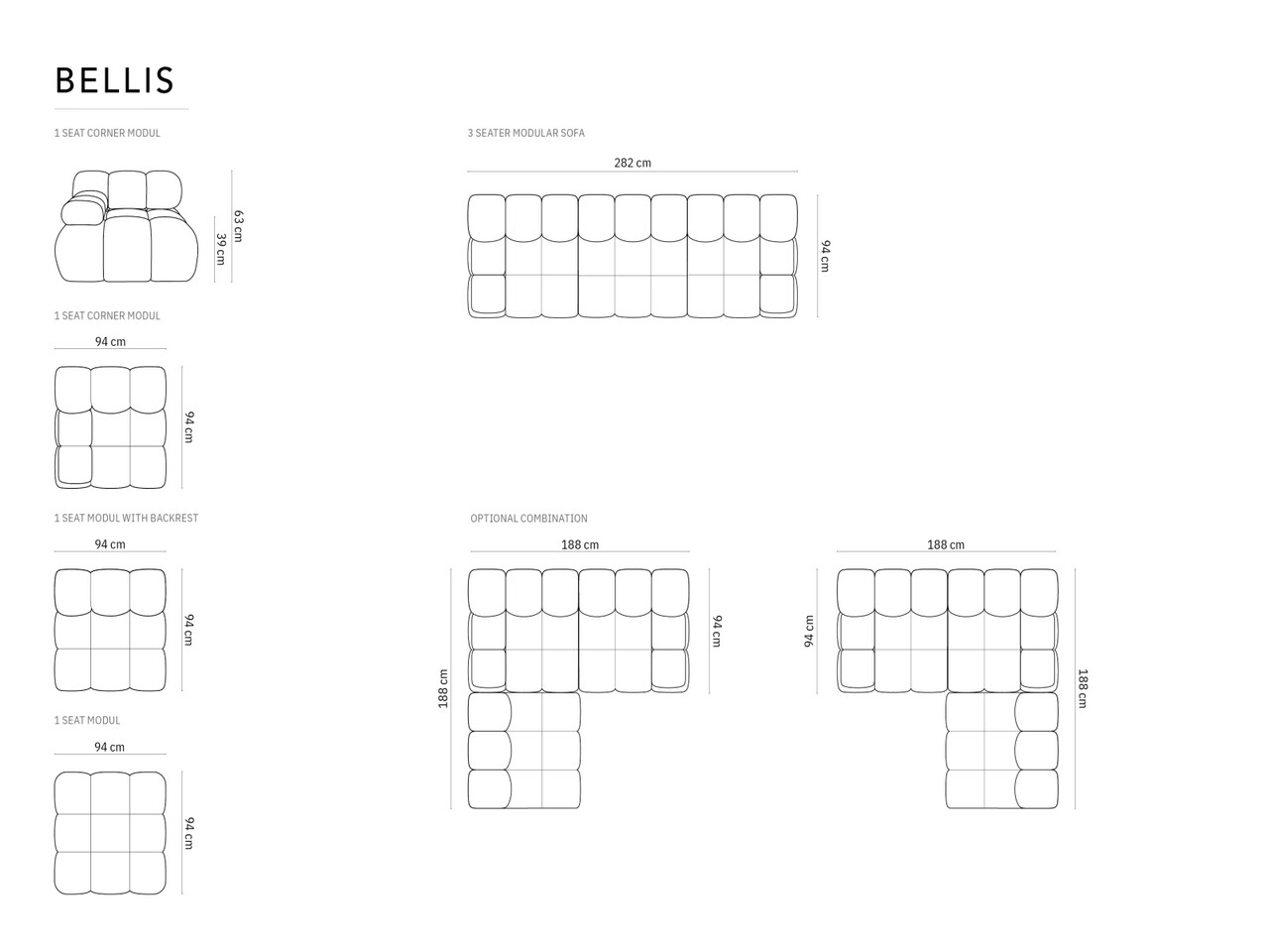 Canapea modulara 3 locuri, Bellis, Micadoni Home, BL, 282x94x63 cm, catifea, bej