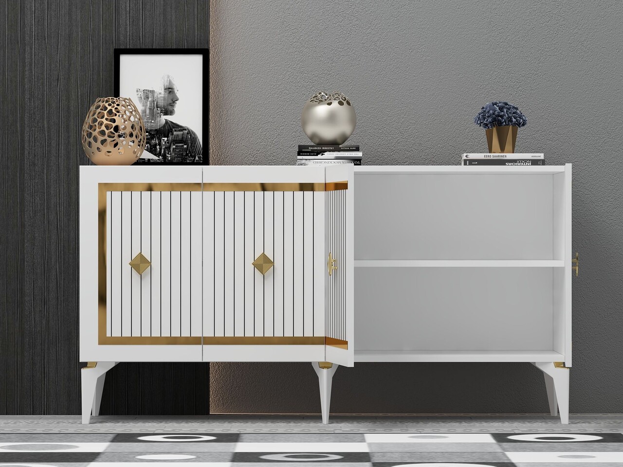 Consola, Hanah Home, Nova, 150x79x40 cm, PAL , Alb/Auriu - view 3