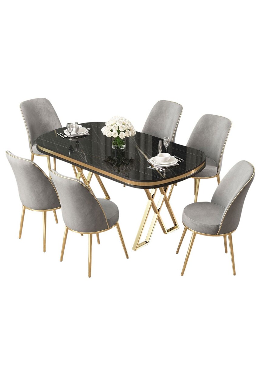 Set masă și scaune (7 piese), Hanah Home, Lai, Marmură neagră / Auriu / Gri - imagine 2
