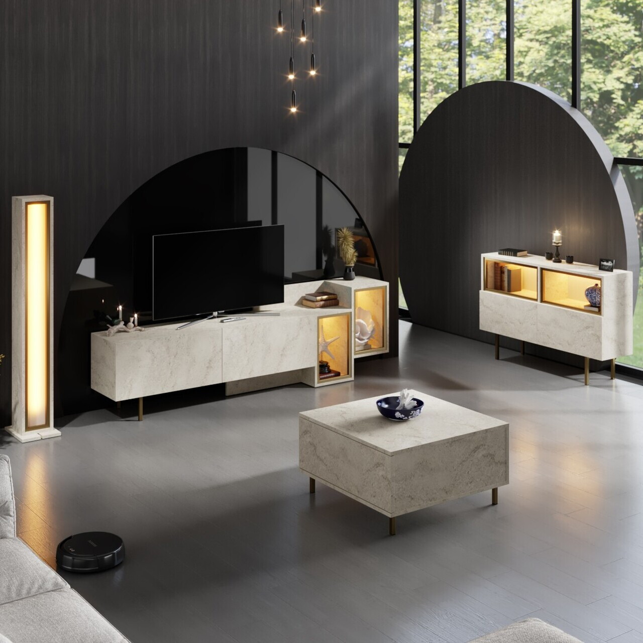 Comoda TV, Hanah Home, Tenon, Travertin / Auriu — imaginea 3
