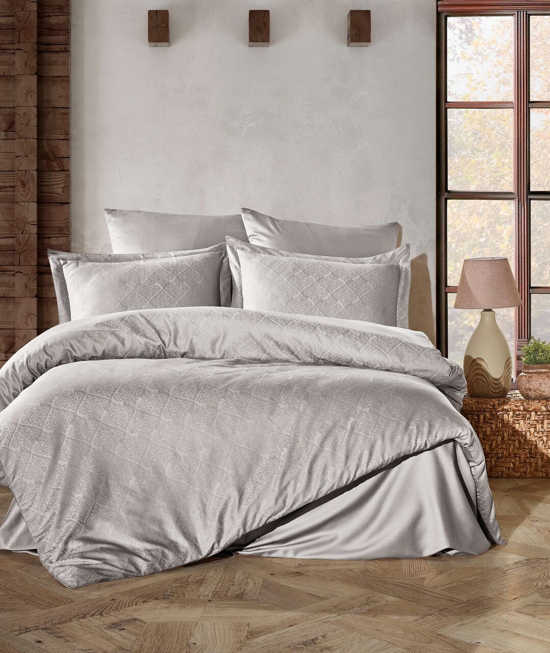 Lenjerie de pat dubla, Harley - Light Grey, Şaheser, Bumbac Satinat