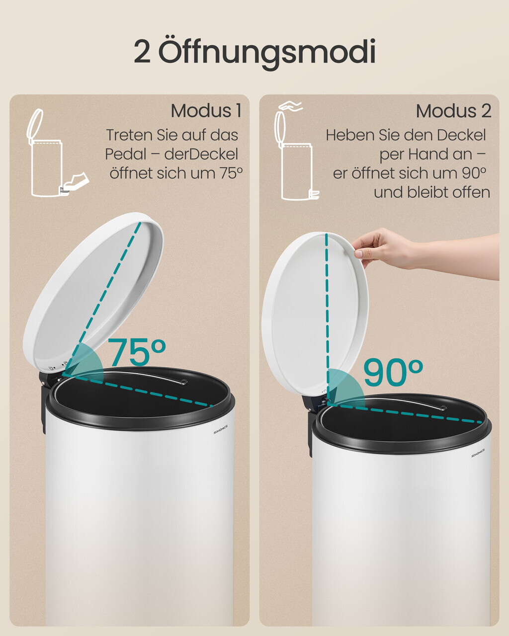Cos de gunoi cu pedala 30L + 15 saci menajeri, Songmics, capac soft-close, otel, alb - imagine 6