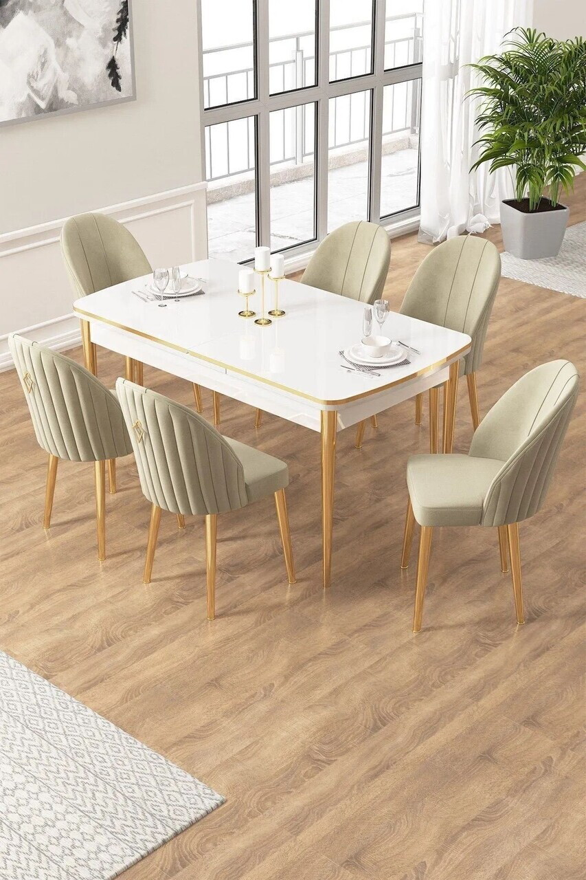 Set masa extensibila si scaune (7 piese), Hanah Home, Edaf, Alb / Auriu / Crem