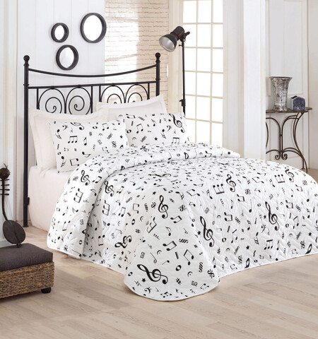 Set cuvertura matlasata dubla King (FR), 3 piese, Melodiy – White, EnLora Home, 65% bumbac/35% poliester EnLora Home