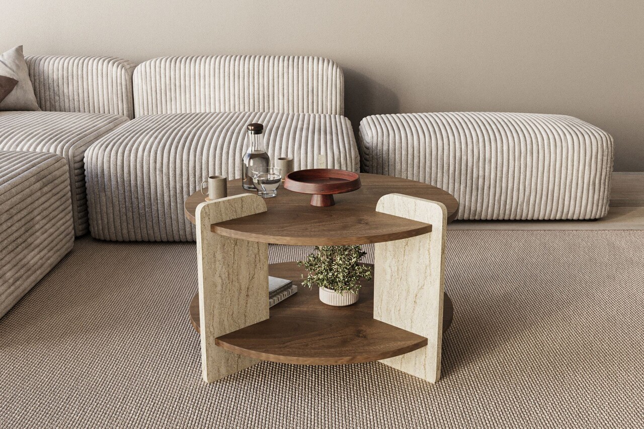 Masuta de cafea, Hanah Home, Oalla, 70x45x70 cm, Nuc / Travertin - view 2