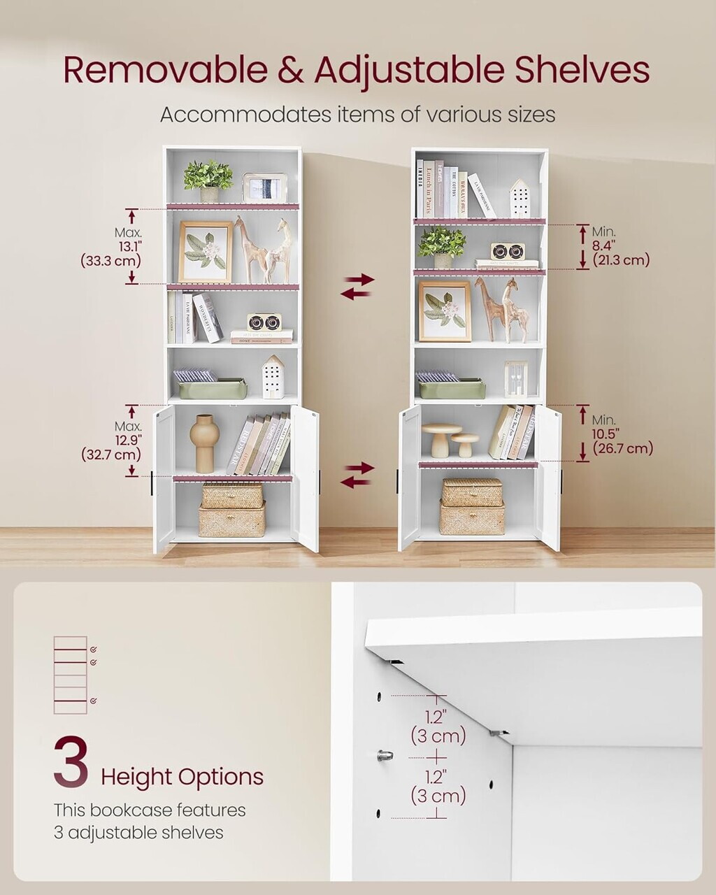 Biblioteca cu 6 niveluri, Vasagle, 60x24x175 cm, PAL/MDF, alb - imagine 6