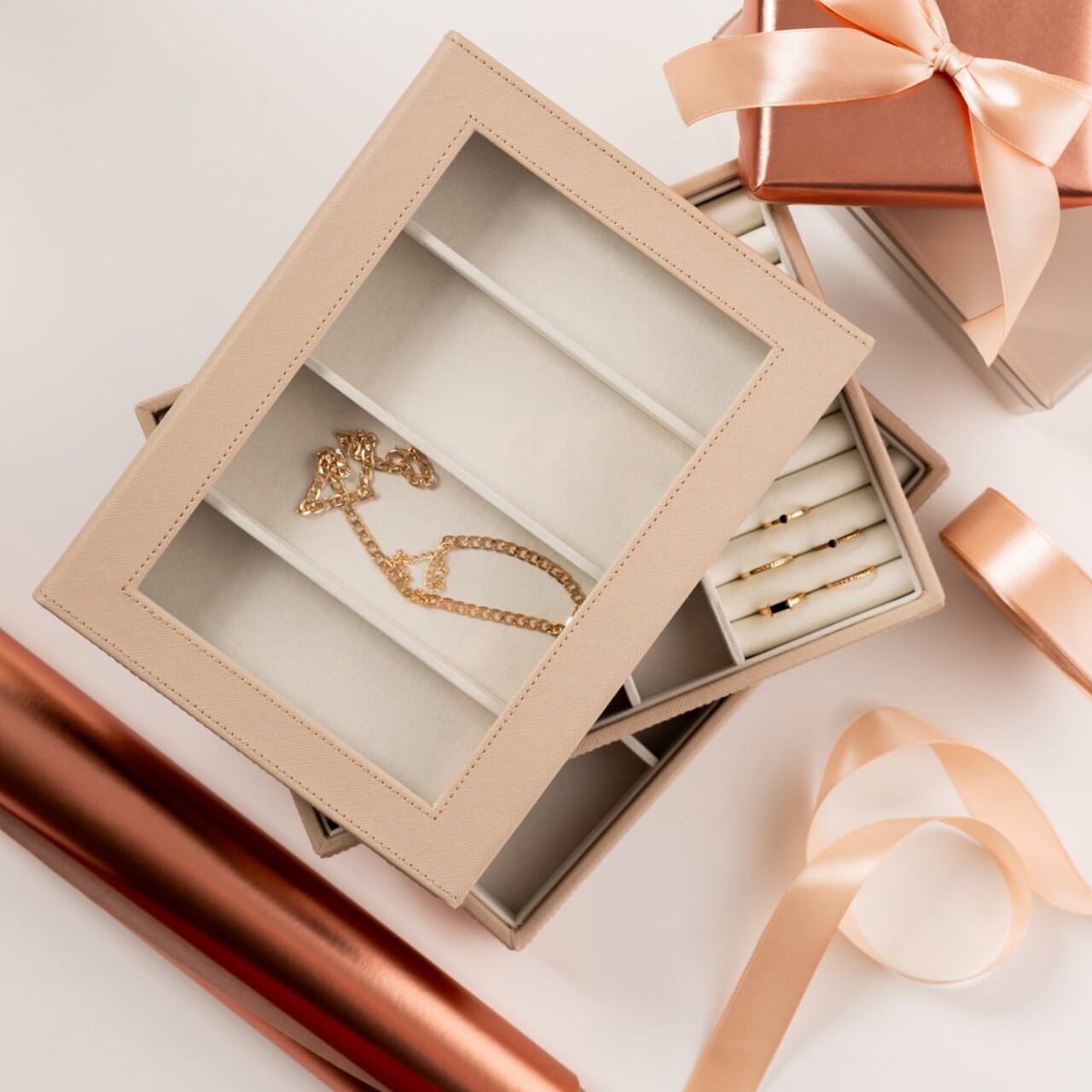 Cutie de bijuterii cu 3 etaje Ammra, Homla, 25.3x18.2x11.4 cm, plastic, bej - imagine 7