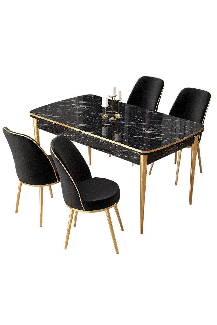 Set masa extensibila si scaune (5 piese), Hanah Home, Pale, Model de marmură neagră / Auriu / Negru — imaginea 2