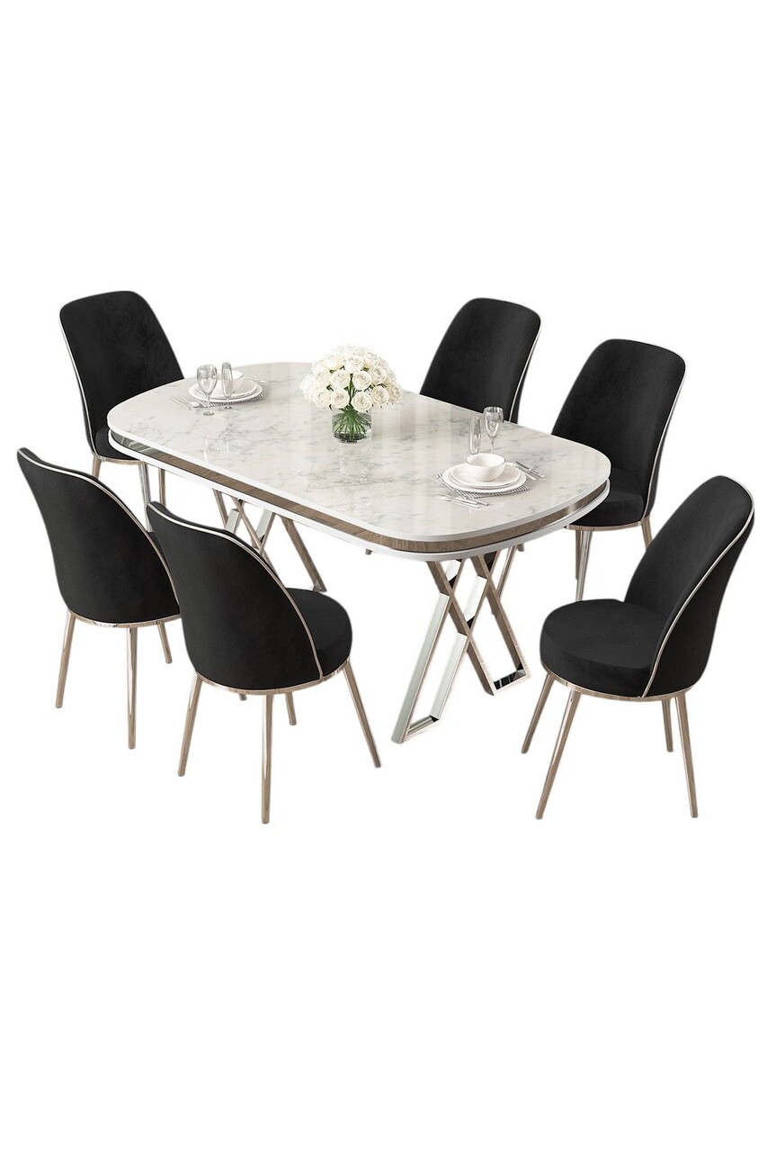 Set masă și scaune (7 piese), Hanah Home, Lai, Alb / Crom / Negru - imagine 2