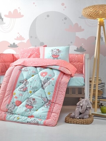 Set lenjerie de pat si pilota pentru copii elephant - pink, cotton box kids, 6 piese, bumbac ranforce, multicolor