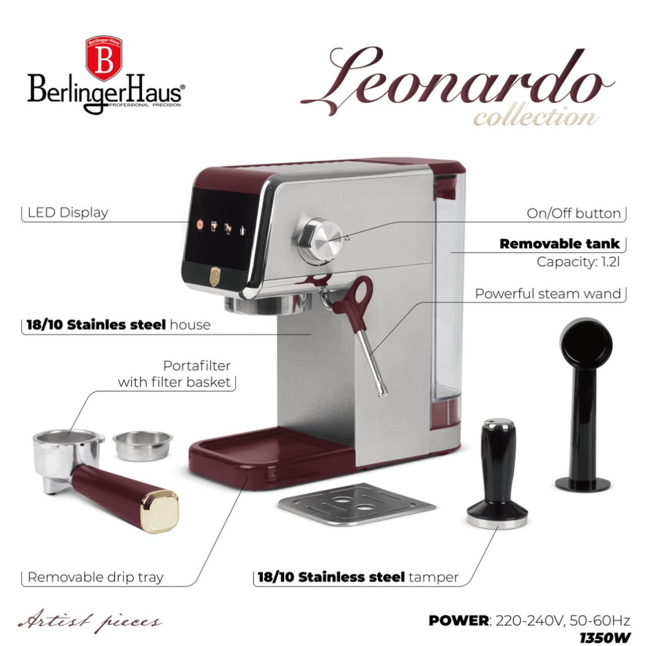 Espressor digital Berlinger Haus, Leonardo, 1350W, inox, argintiu/visiniu - imagine 9
