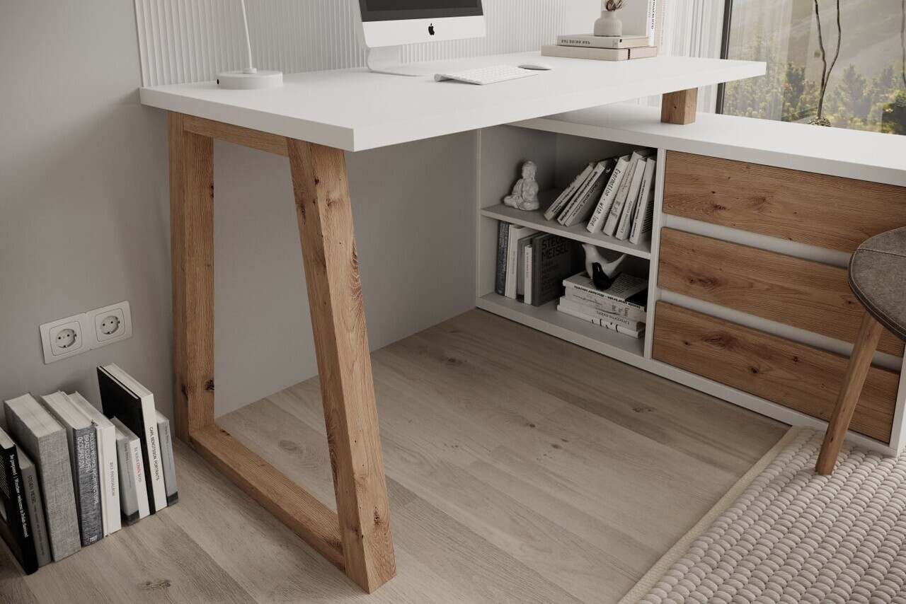 Birou cu dulap lateral ADRK, Iwo II, 135x115x75.2 cm, PAL laminat, alb/artisan — imaginea 2