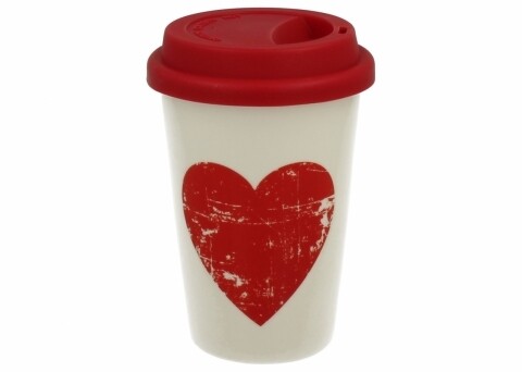 Cana cu capac de silicon Simply Love D, Duo, 380 ml, portelan, alb/rosu