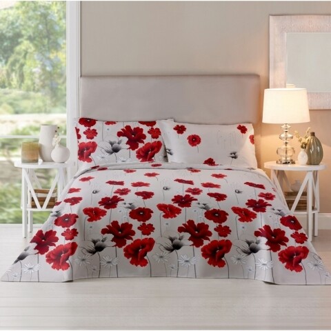 Lenjerie de pat dubla King Size, Poppy Field, 100% bumbac flanel, 4 piese, alb/rosu