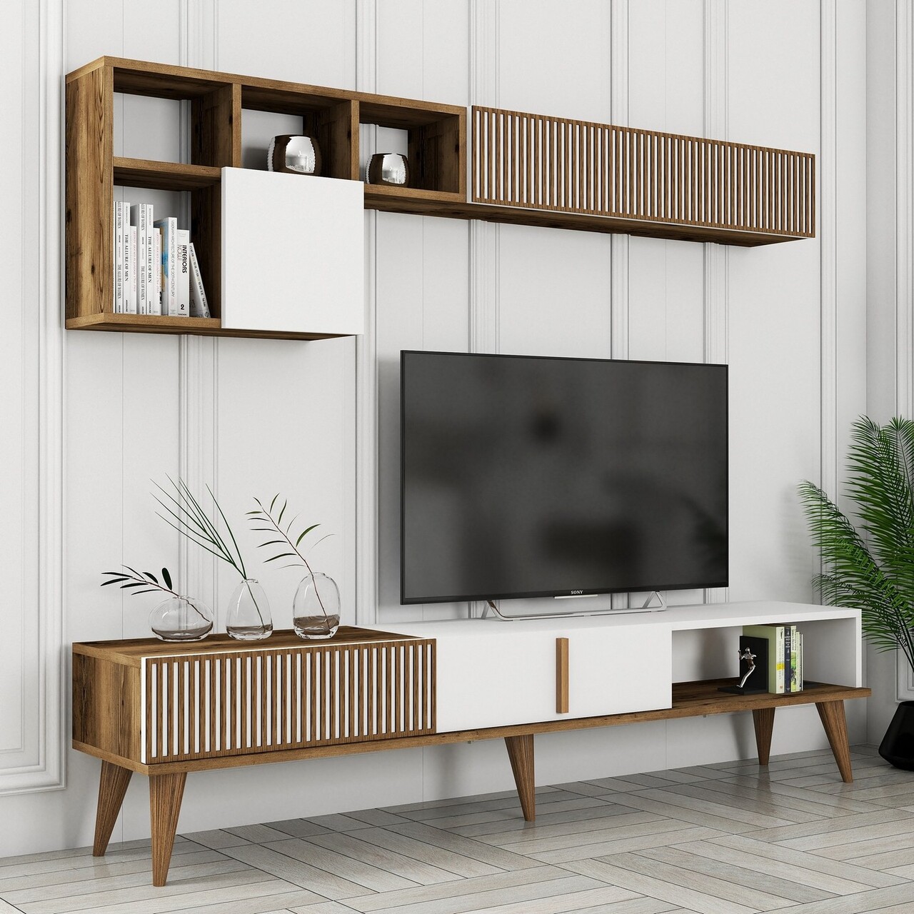 Comoda TV, Hanah Home, Milan TV, 180x40x35 cm, Nuc/Alb - imagine 4