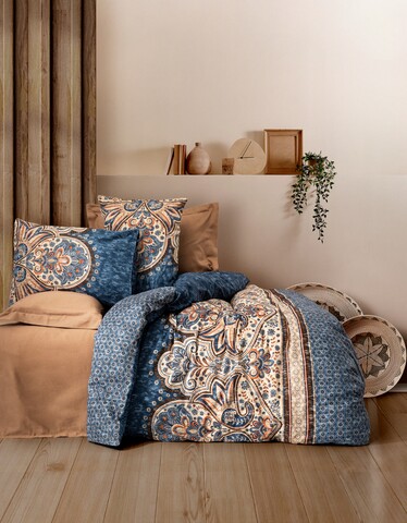 Lenjerie de pat dubla, 6 piese, 200×220 cm, 100% bumbac satinat, Cotton Box, Ezra, maro 100